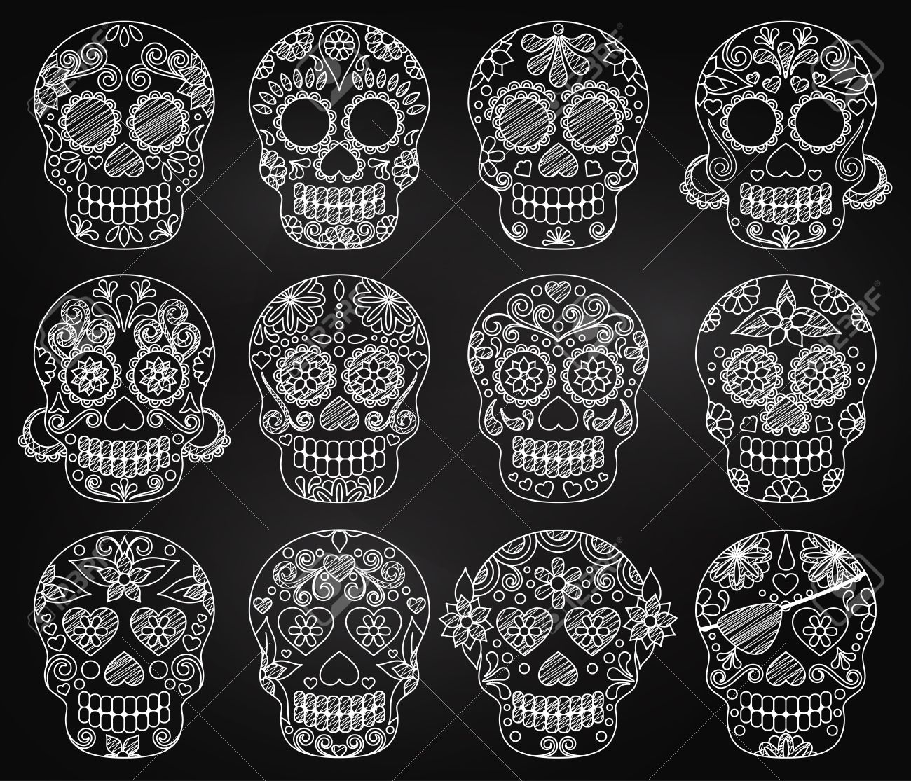 Vector Collection of Chalkboard Day of the Dead Skulls or Sugar Skulls - 45944595 Vector Collection of Chalkboard Day of the Dead Skulls or Sugar Skulls - 45944595