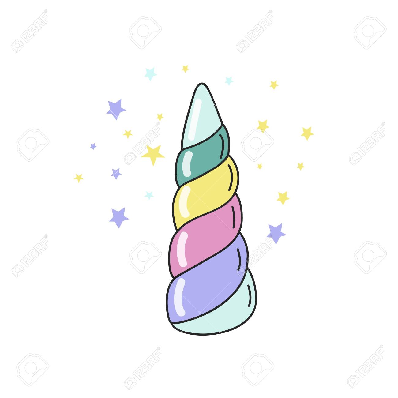 Rainbow Unicorn Horn Color Vector Color Illustration In Doodle