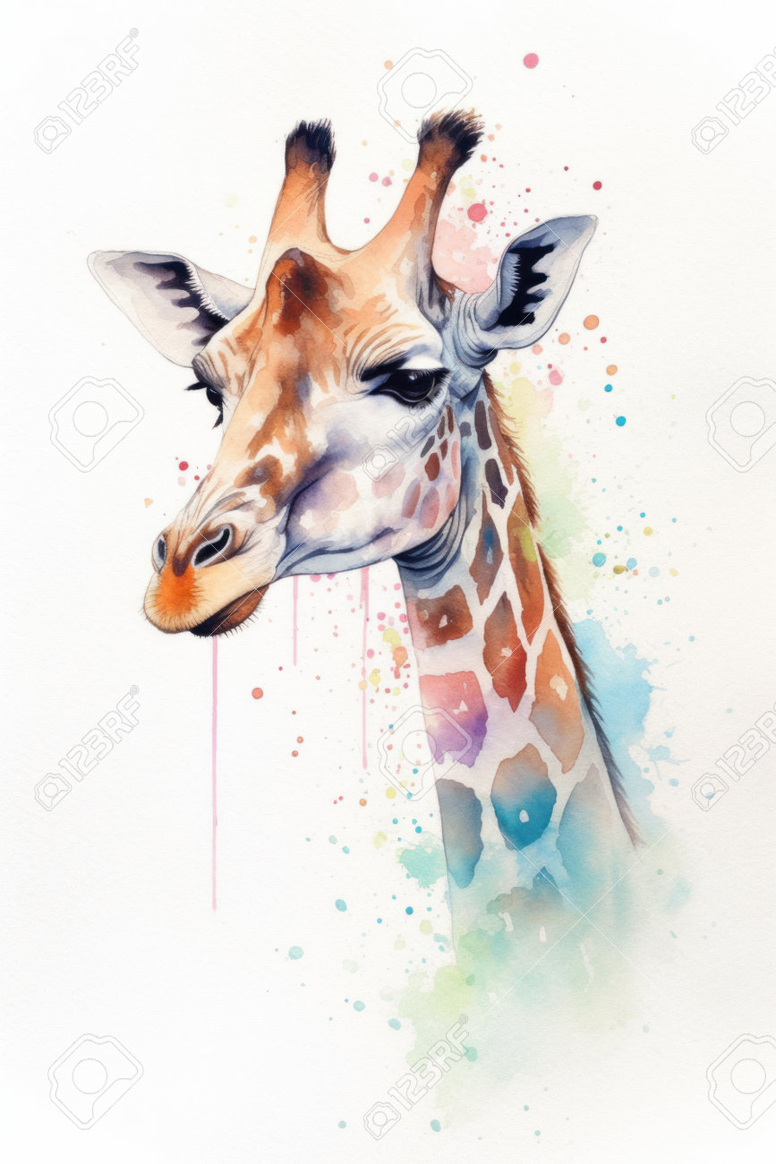 Watercolor Painting Of A Giraffe Head On A White Background. Фотография,  картинки, изображения и сток-фотография без роялти. Image 202123692