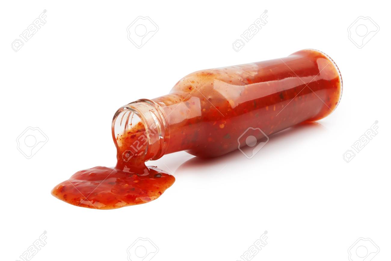 Download Bottle Of Hot Sauce Is Spilling Liquid On White Background Stock Photo Picture And Royalty Free Image Image 94152469