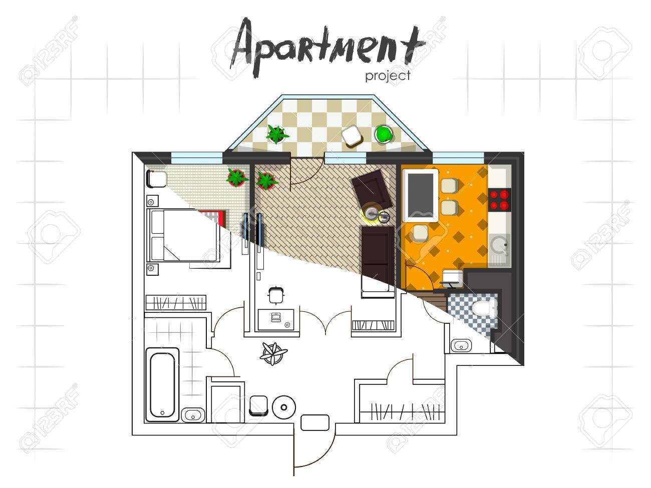 Bedroom Furniture Plan apartment project. floor plan with furniture. kitchen, living Bedroom Furniture Plan apartment project. floor plan with furniture. kitchen, living