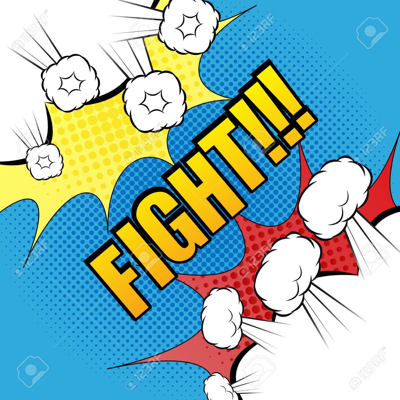 格闘漫画のテンプレートです 漫画の背景は 反対側に 戦いの前に 2 つの Confrontate Warrs の表現 2 つのしみと爆発的な泡のイラスト ポップアート スタイル のイラスト素材 ベクタ Image