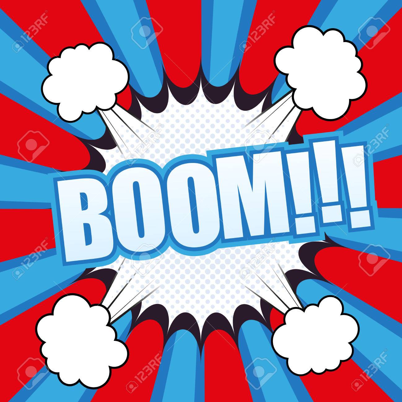 ブーム コミック漫画 面白い背景に雲の爆発のイラスト ポップアートのスタイル ハーフトーン Web およびモバイル アプリケーション用のテンプレートのイラスト素材 ベクタ Image
