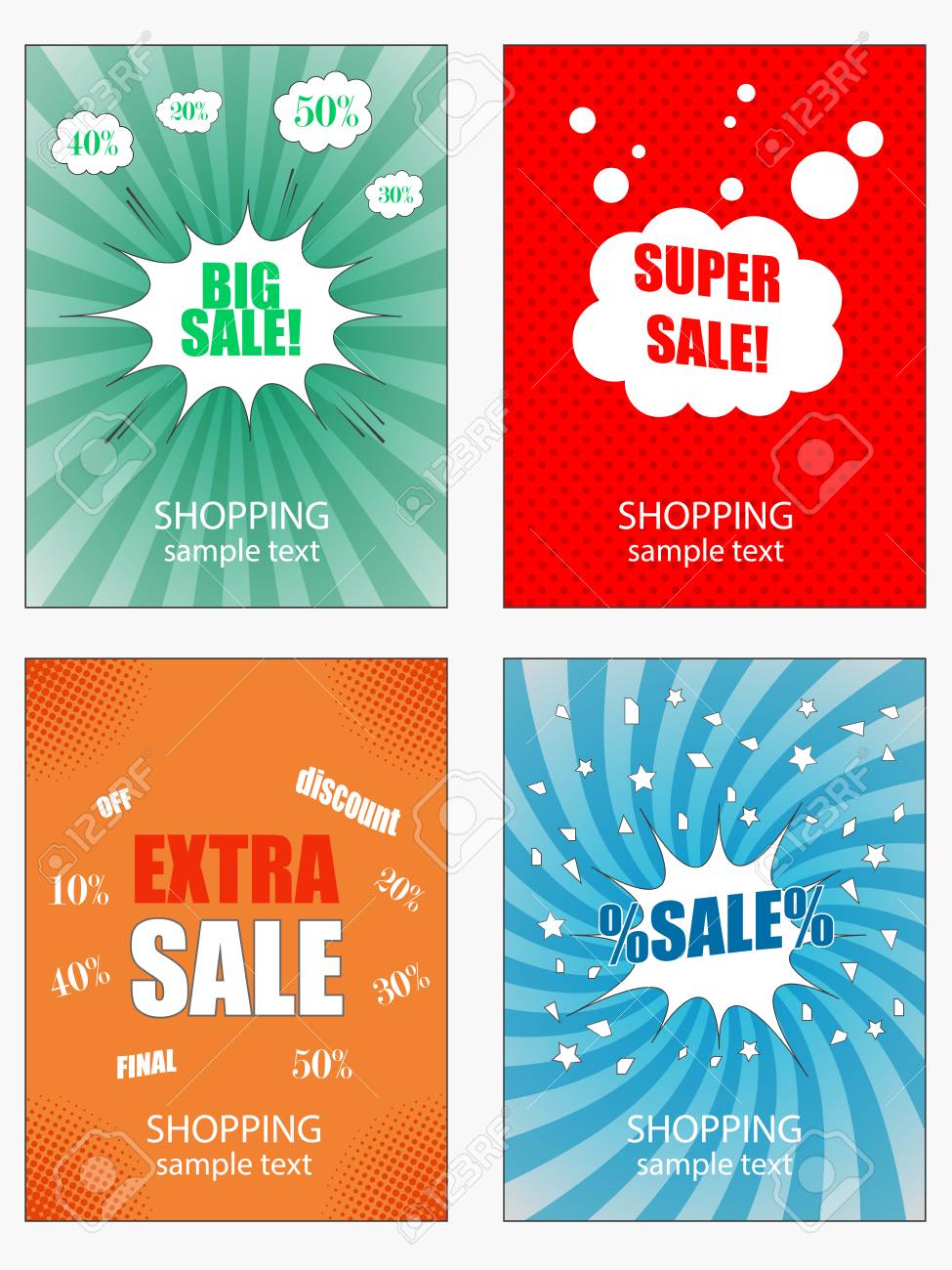 set of sale banners template in green red orange and blue colors