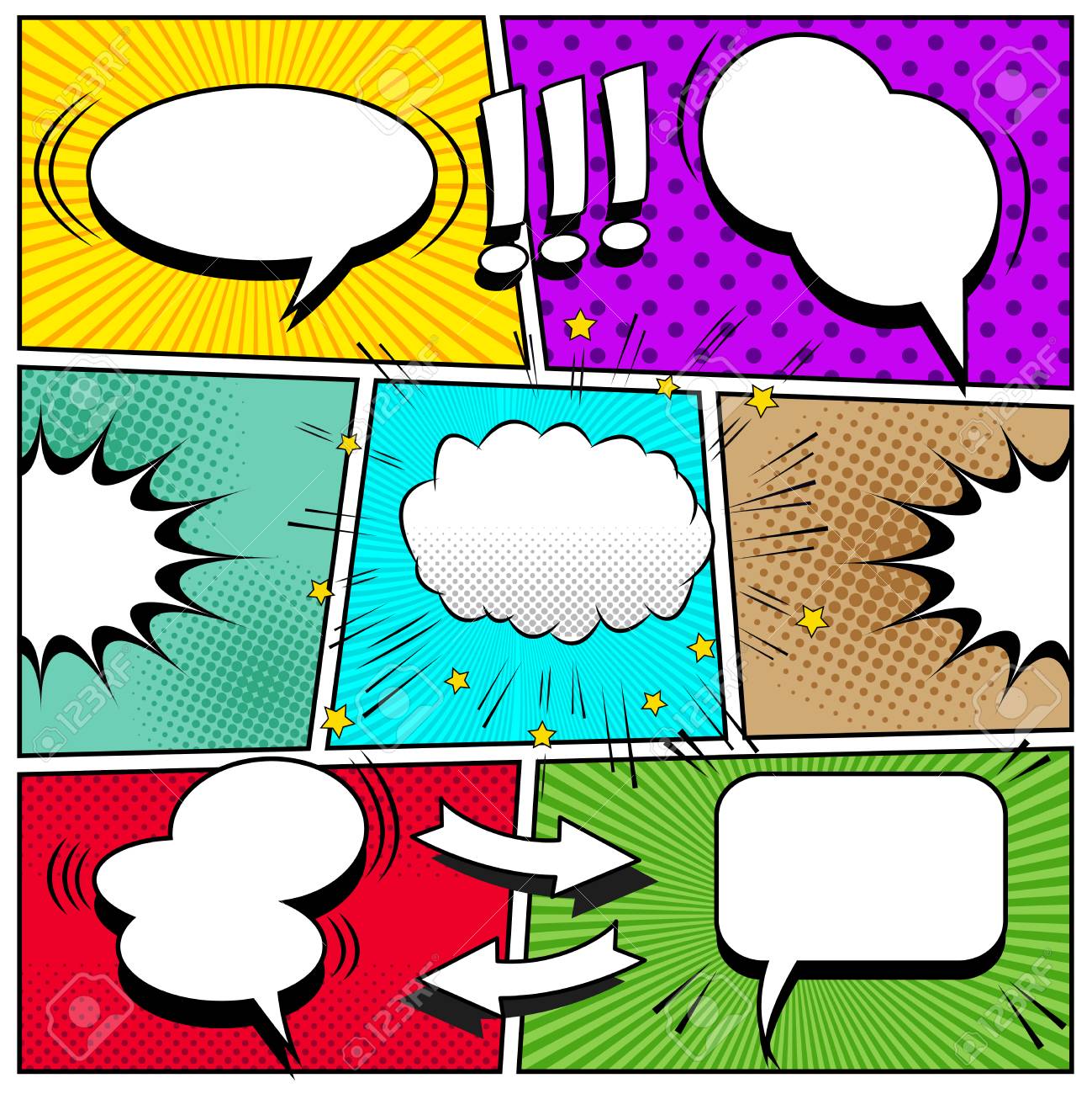 Comic Book Page Background With White Speech Bubbles Arrows