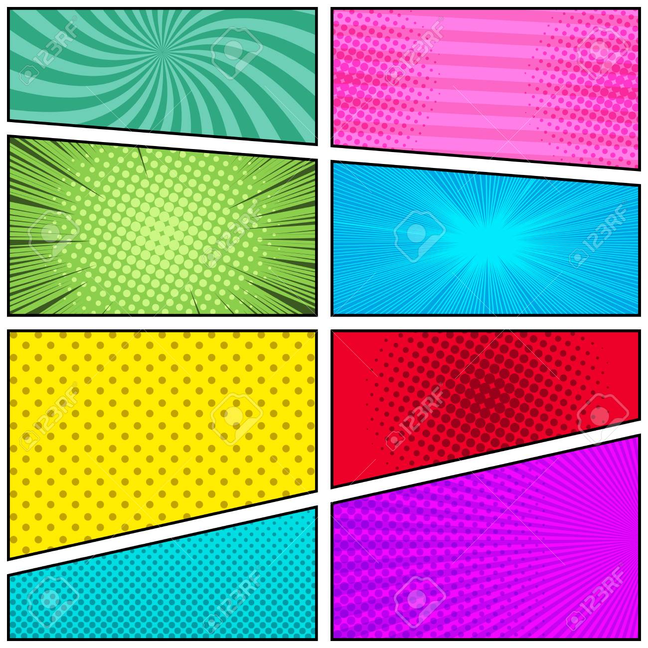Comic Book Page Bright Template With Radial Rays Stripes And Dotted Humor Effects In Different Colors Vector Illustration Royalty Free Cliparts Vectors And Stock Illustration Image 97554478