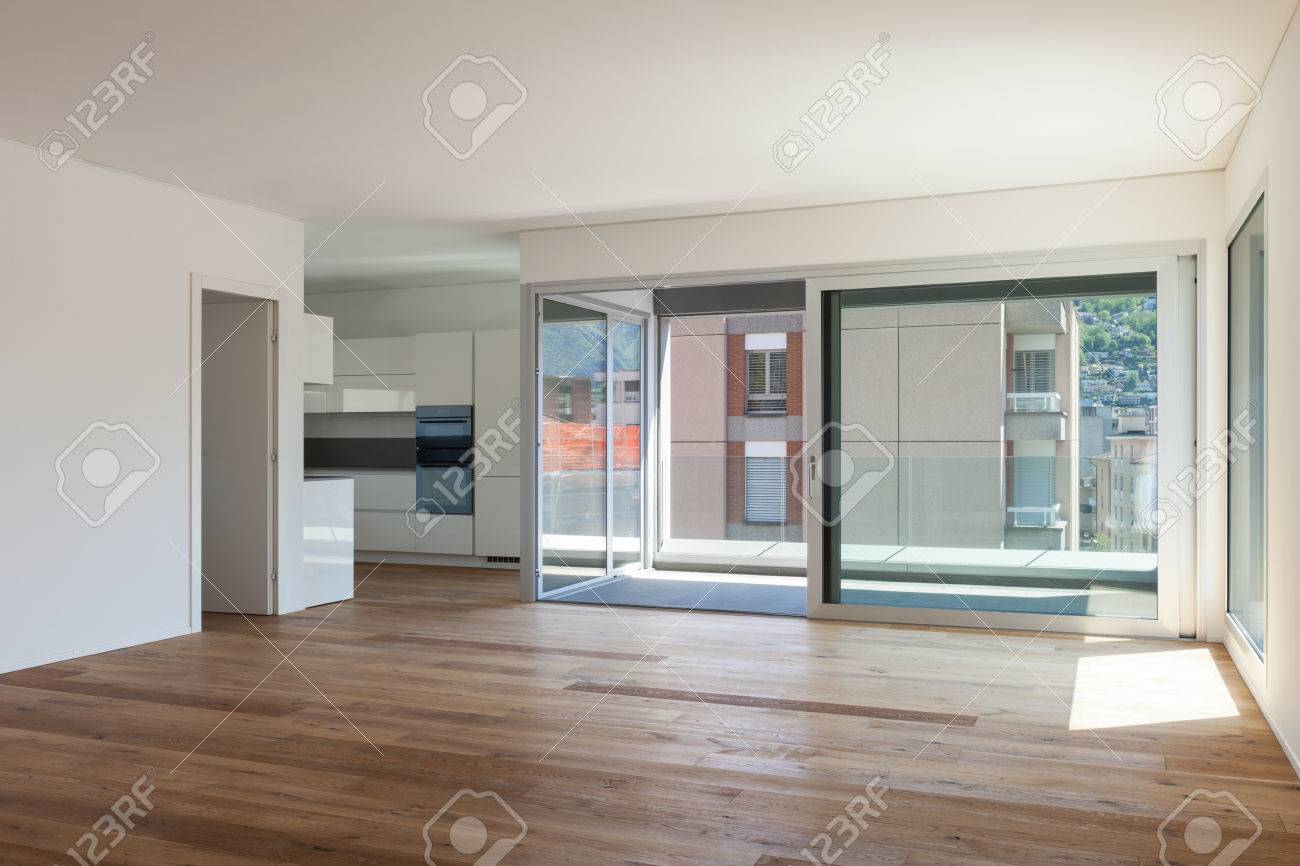 interior of empty apartment room with balcony sliding door stock