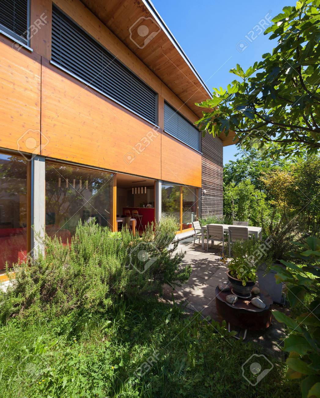 Stock photo veranda of a wooden house modern design