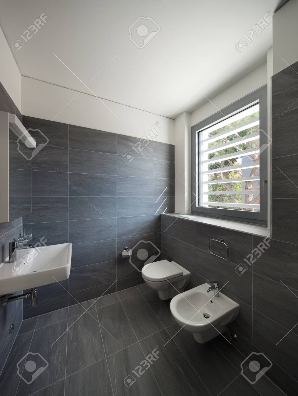 Interior De Una Casa Moderna Bano Gris Paredes De Azulejos Y