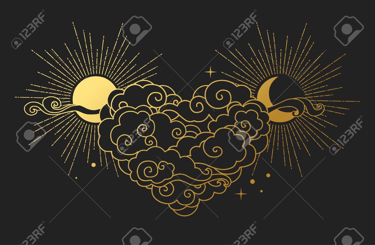 Cloudy Heart With Sun And Moon On Black Background Vector Illustration Royalty Free Cliparts Vectors And Stock Illustration Image