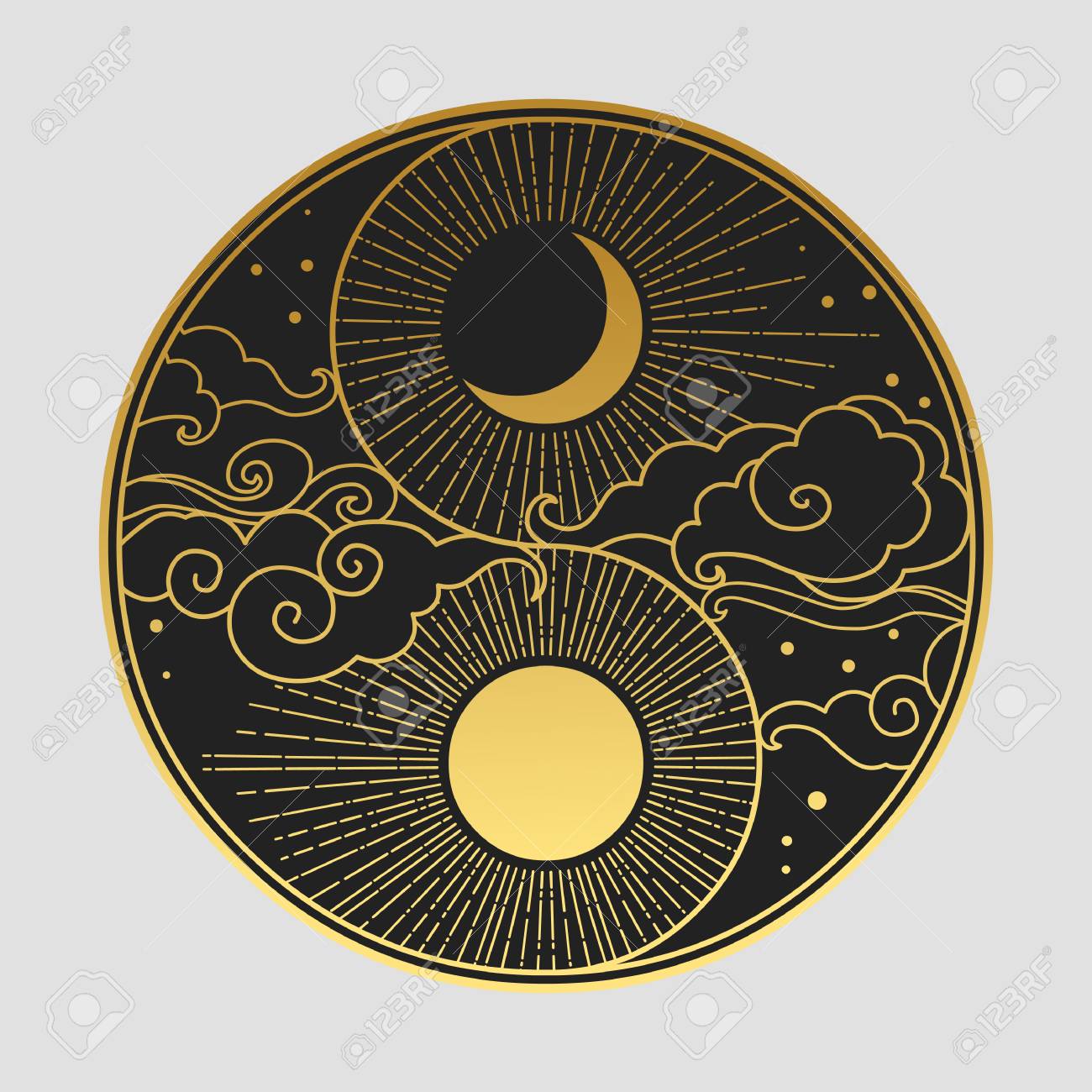 Decorative Graphic Design Element In Oriental Style. Sun, Moon, Clouds,  Stars. Vector Hand Drawing Illustration Royalty Free SVG, Cliparts,  Vectors, and Stock Illustration. Image 116738841.