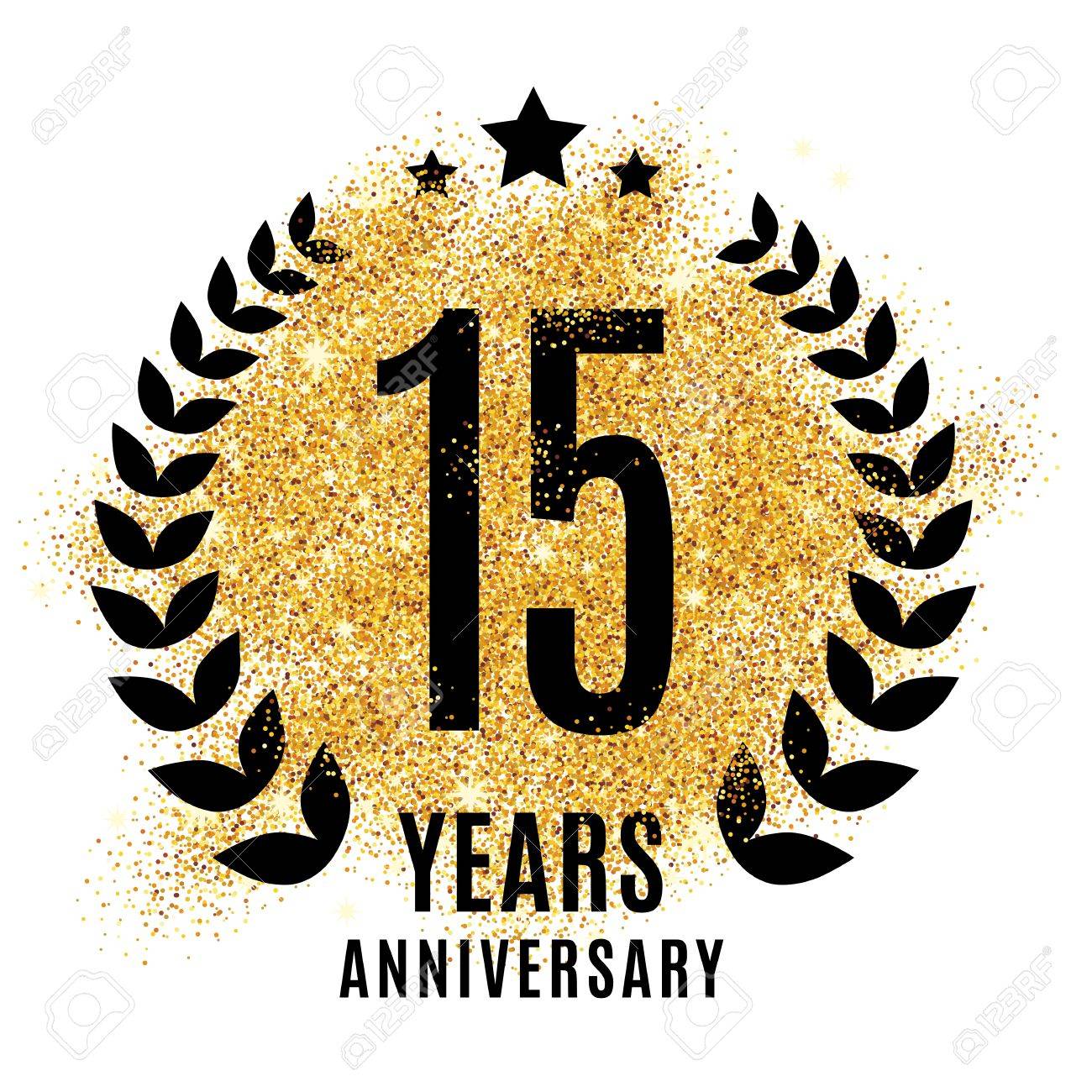 fifteen years golden anniversary sign. Gold glitter celebration. Light bright symbol for event, invitation, award, ceremony, greeting. Laurel and star emblem, luxury elegant icon. - 67585540 fifteen years golden anniversary sign. Gold glitter celebration. Light bright symbol for event, invitation, award, ceremony, greeting. Laurel and star emblem, luxury elegant icon. - 67585540