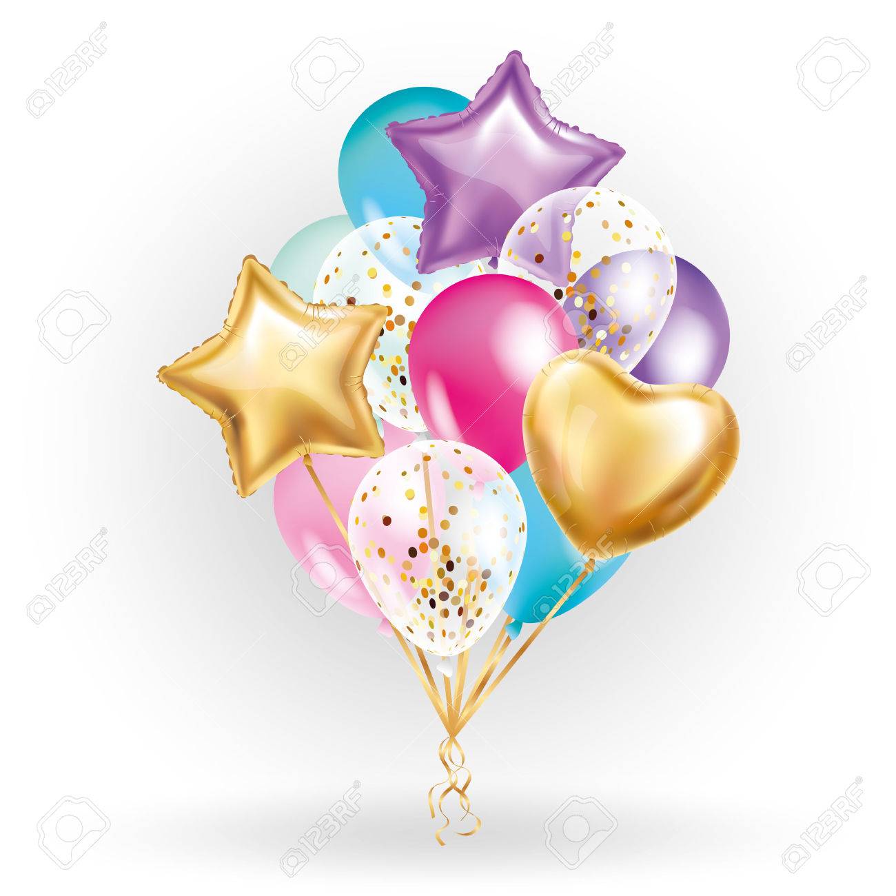 心星金のバルーン ブーケ つや消しのパーティ風船イベントのデザイン 風船は 空気に分離します 結婚式 誕生日 お祝い 愛 バレンタイン 子供たちのパーティーの装飾 色透明バルーンのイラスト素材 ベクタ Image