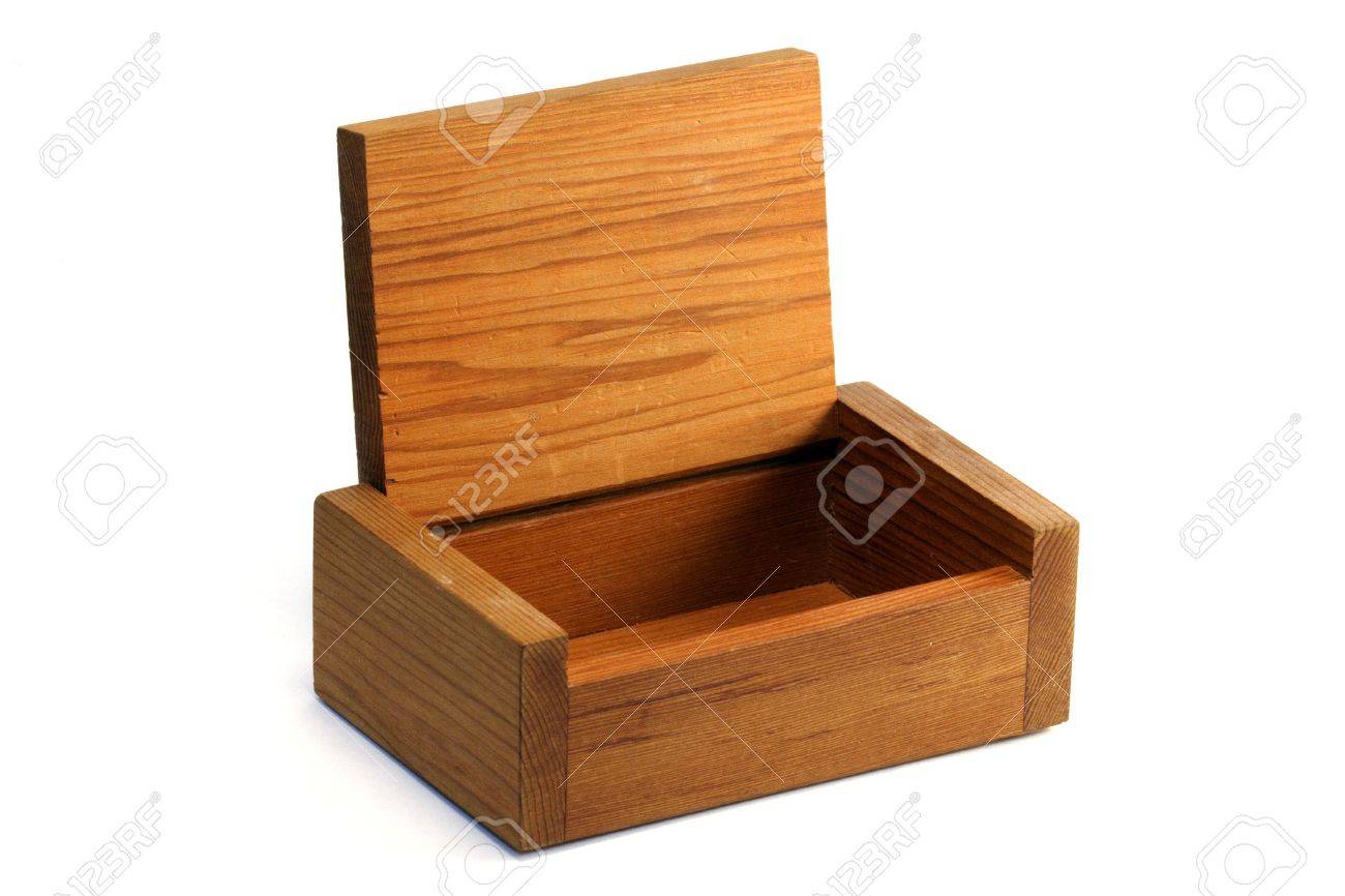 small open wooden box on a white background stock photo picture and
