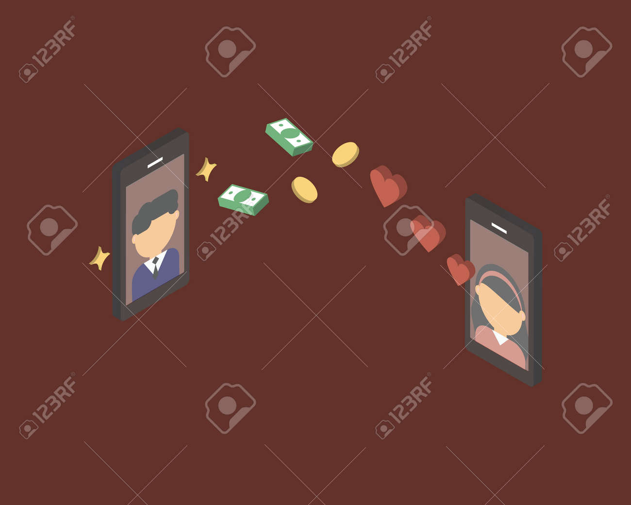 범죄를 저지르는 로맨스 스캠이나 러브 스캠은 돈을 훔치기 위해 피해자의 애정과 신뢰를 얻기 위해 가짜 온라인 신분을 가지고 있습니다.  로열티 무료 사진, 그림, 이미지 그리고 스톡포토그래피. Image 182695446