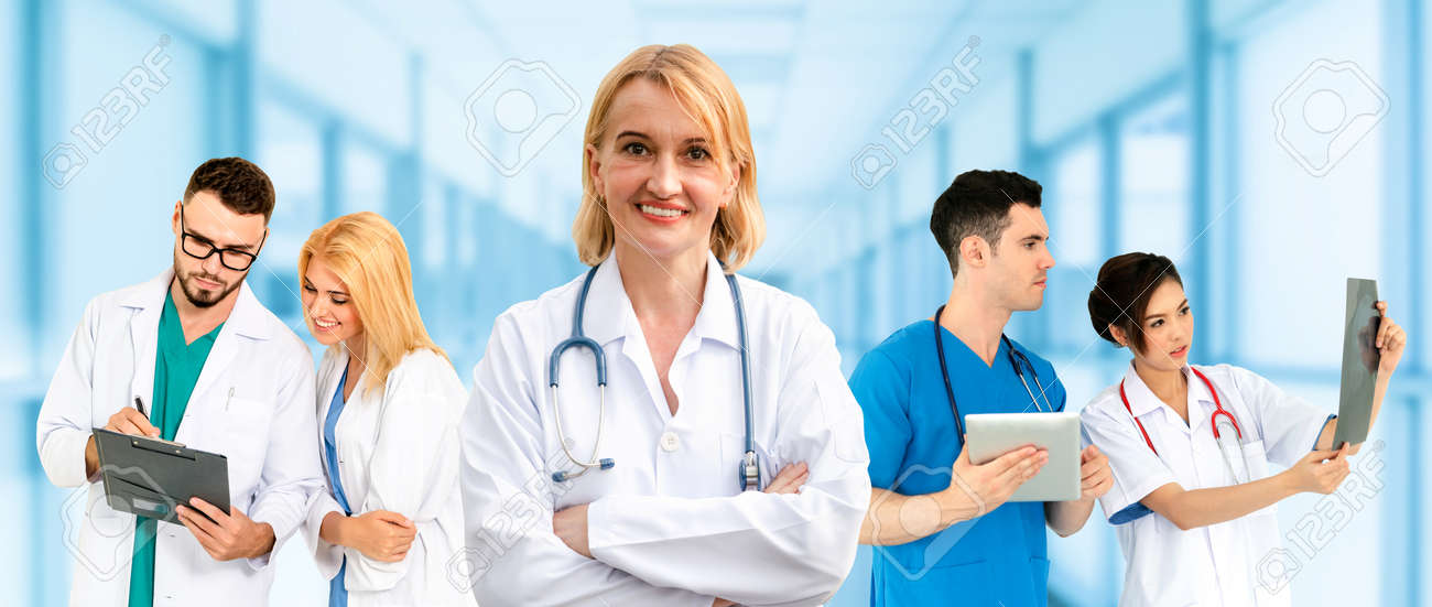 Healthcare people group. Professional doctor working in hospital office or clinic with other doctors, nurse and surgeon. Medical technology research institute and doctor staff service concept. - 121492047 Healthcare people group. Professional doctor working in hospital office or clinic with other doctors, nurse and surgeon. Medical technology research institute and doctor staff service concept. - 121492047