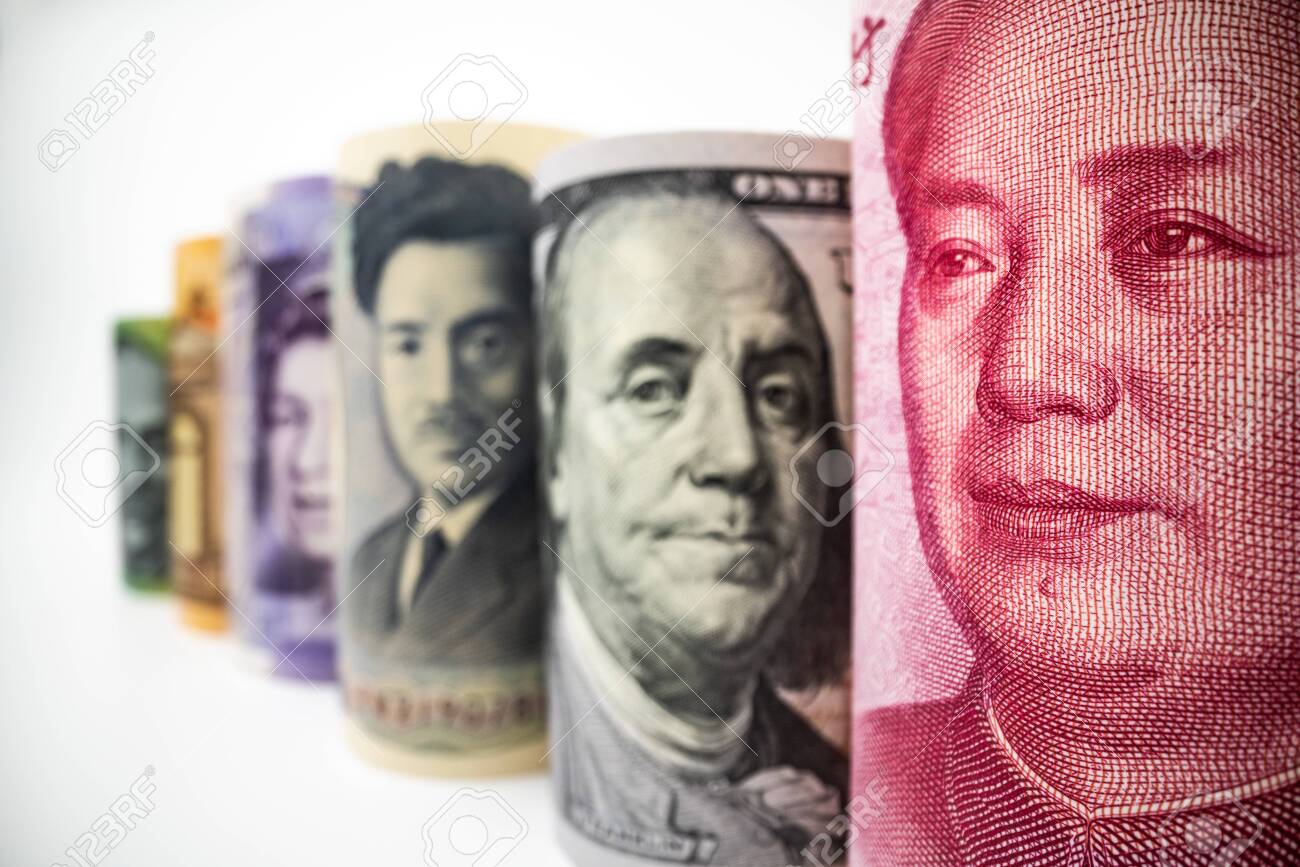 Macro Shot Of Currency Money Include US American Dollar, Euro Currency, British UK Pound, Australian Dollar, China Yuan And Yen. Foreign Currency Money Exchange And Forex Concept. Stock Photo, Picture