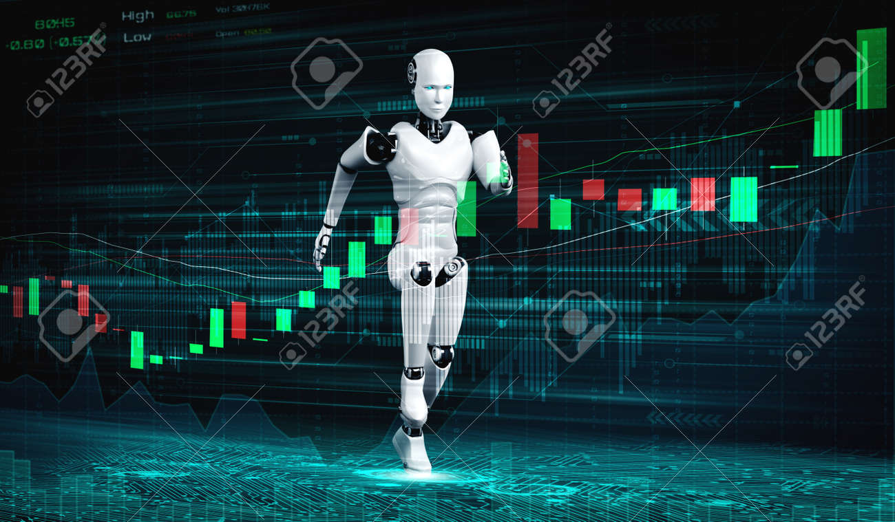 머신러닝과 인공지능을 활용해 AI 로봇이 제어하는 미래 금융 기술로 비즈니스 데이터를 분석하고 투자 및 거래 결정에 대한 조언을  제공한다. 3d 그림입니다. 로열티 무료 사진, 그림, 이미지 그리고 스톡포토그래피. Image 155578806