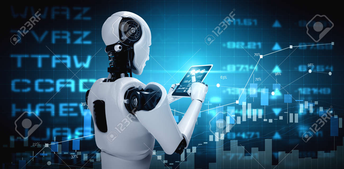 AI 사고 두뇌 인공 지능 및 기계 학습 프로세스 3d 일러스트레이션을 통해 주식 시장 거래 개념에서 태블릿 컴퓨터를 사용하는 로봇  휴머노이드 로열티 무료 사진, 그림, 이미지 그리고 스톡포토그래피. Image 167426455