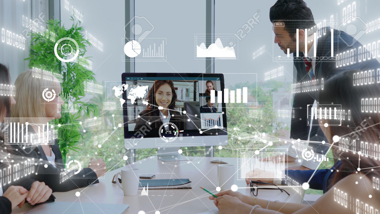 Creative visual of business people in a corporate staff meeting on video call . Concept of digital technology for marketing data analysis and investment decision making . - 171925875 Creative visual of business people in a corporate staff meeting on video call . Concept of digital technology for marketing data analysis and investment decision making . - 171925875