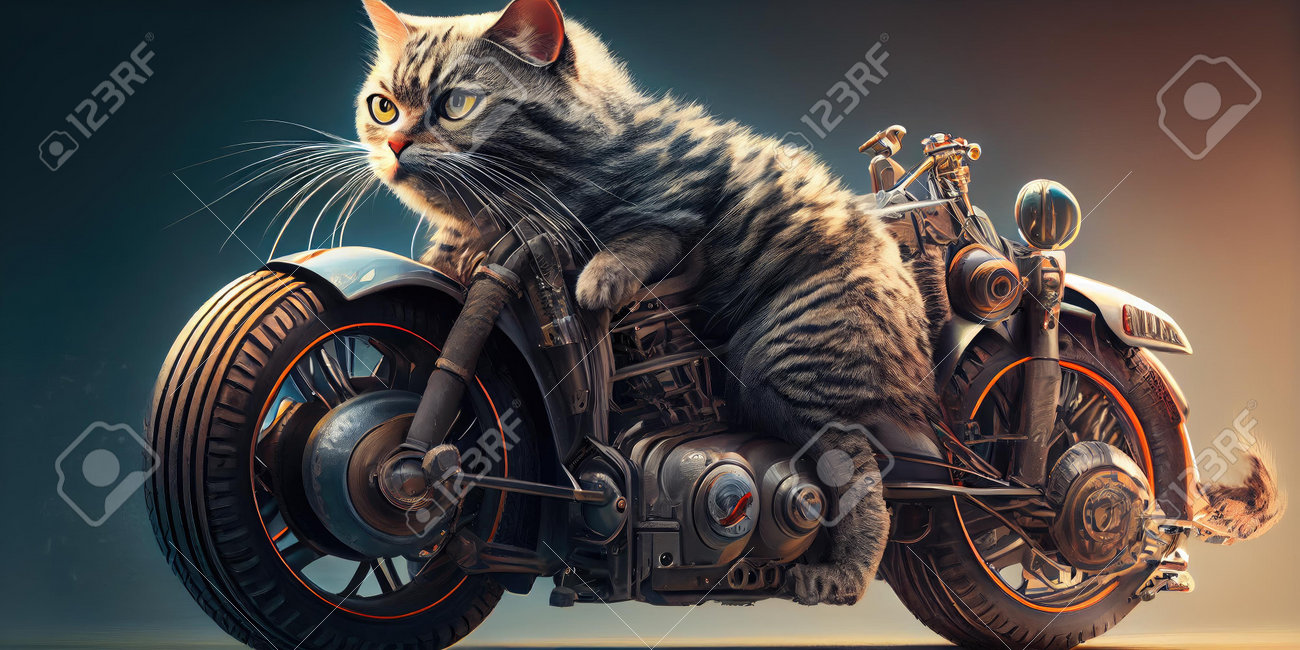 Cool Cat Rider Riding A Motorcycle Retro Style. Superlative
