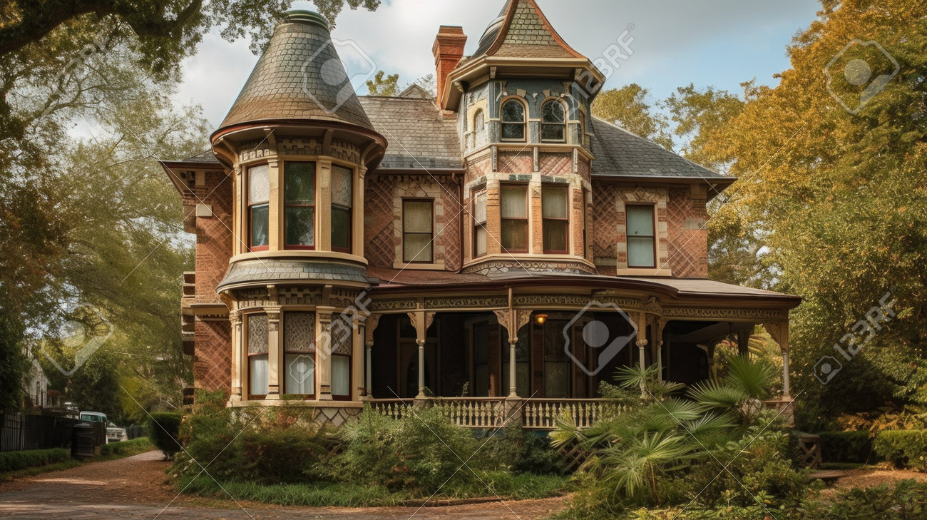 Home Architecture Design In Gothic Revival Style With Pointed Arches  Constructed By Stone And Wood Material. Victorian Grandeur. Generative AI  AIG25 . Stock Photo, Picture and Royalty Free Image. Image 208147237., image size:1300x729