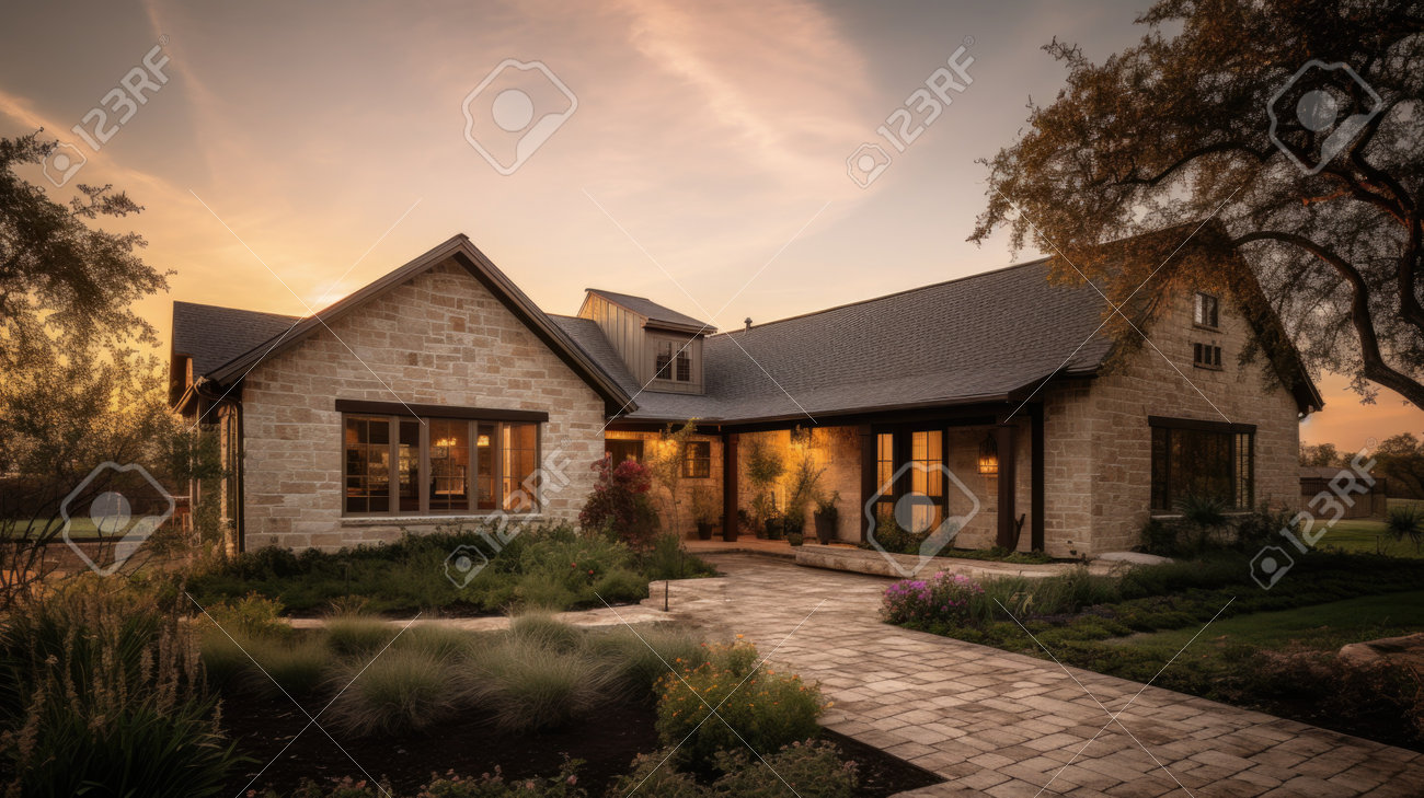Home Architecture Design In Ranch Style With Front Porch Constructed By  Stucco And Stone Material. One-story Design With Outdoor Living Spaces.  Generative AI AIG25 . Stock Photo, Picture and Royalty Free Image., image size:1300x729