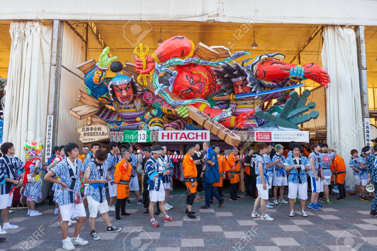 50060954 the nebuta float and the crew prepare for parade in aomori nebuta matsuri japanese summer festival a