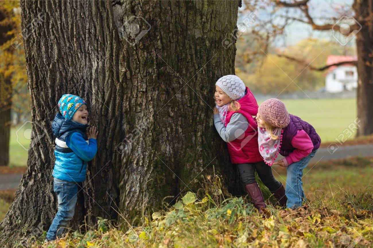 Kids playing hide and seek in the park Royalty Free Vector