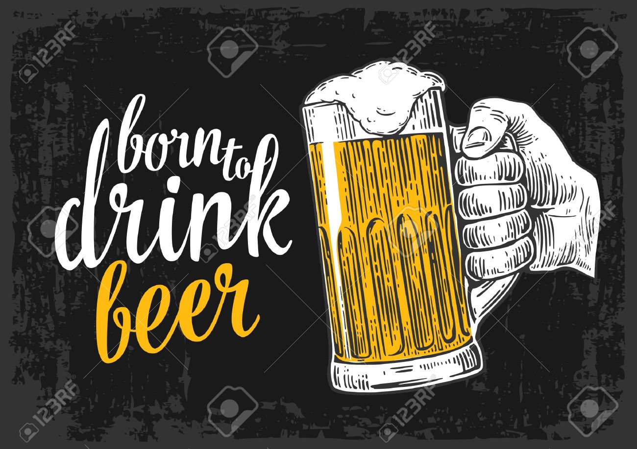 ビール グラスを持っている男性の手 ビンテージ ベクトル Web ポスター パーティーや誕生日に招待する招待状のイラストを彫刻します 暗い背景に分離 のイラスト素材 ベクタ Image