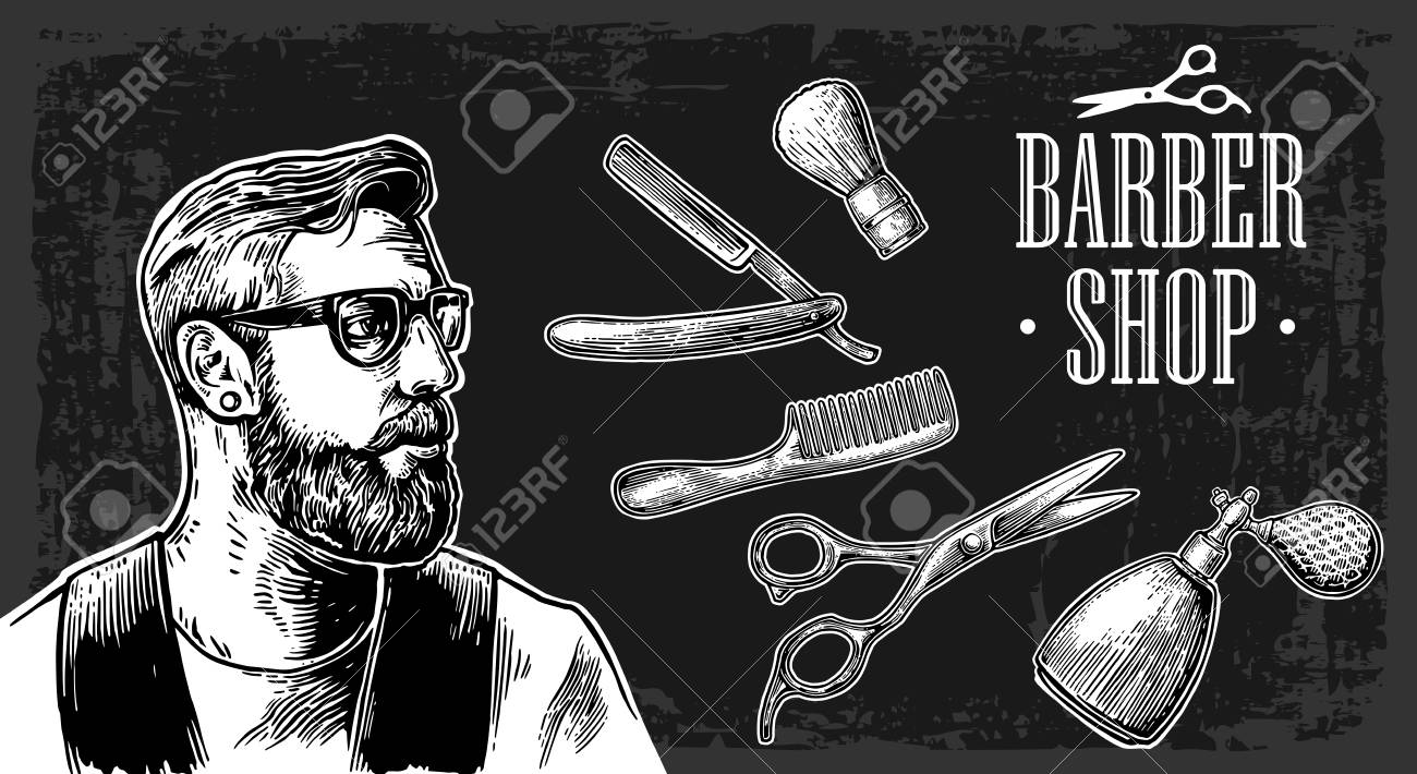 流行に敏感な理髪店で髭剃りですね 黒と白のベクトル イラストやタイポグラフィの要素 手描き下ろしビンテージ ポスター ラベル バナー Web の彫刻します 暗い背景に分離 のイラスト素材 ベクタ Image