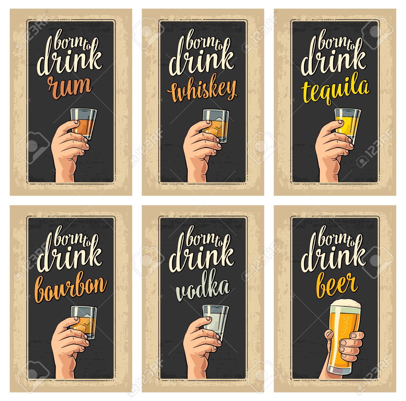 Mannliche Hand Die Eine Brille Mit Bier In Der Hand Tequila Wodka Rum Whisky Jahrgang Farbe Vektor Flach Illustration Fur Etikett Plakat Einladung Zur Party Und Geburtstag Isoliert Auf Dunklem Hintergrund Lizenzfrei