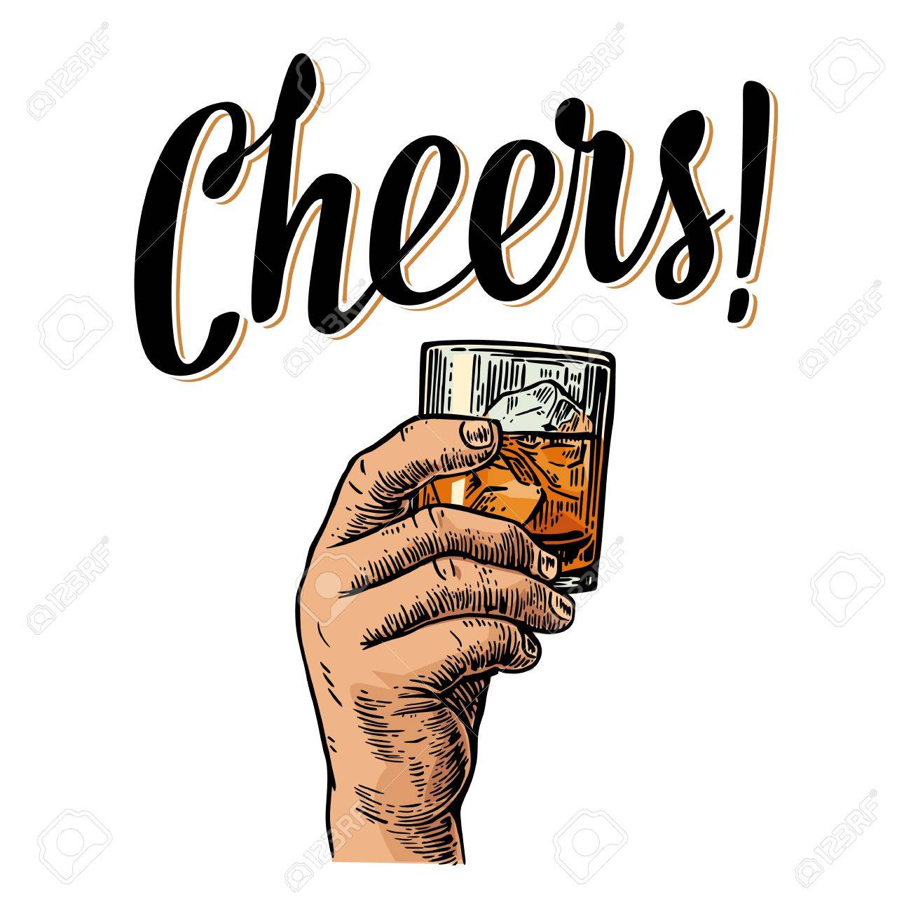 Male hand holding a glass with whiskey and ice cubes. Cheers toast lettering. Vintage engraving illustration for label, poster, invitation to a party. Isolated on white background. - 63905871 Male hand holding a glass with whiskey and ice cubes. Cheers toast lettering. Vintage engraving illustration for label, poster, invitation to a party. Isolated on white background. - 63905871