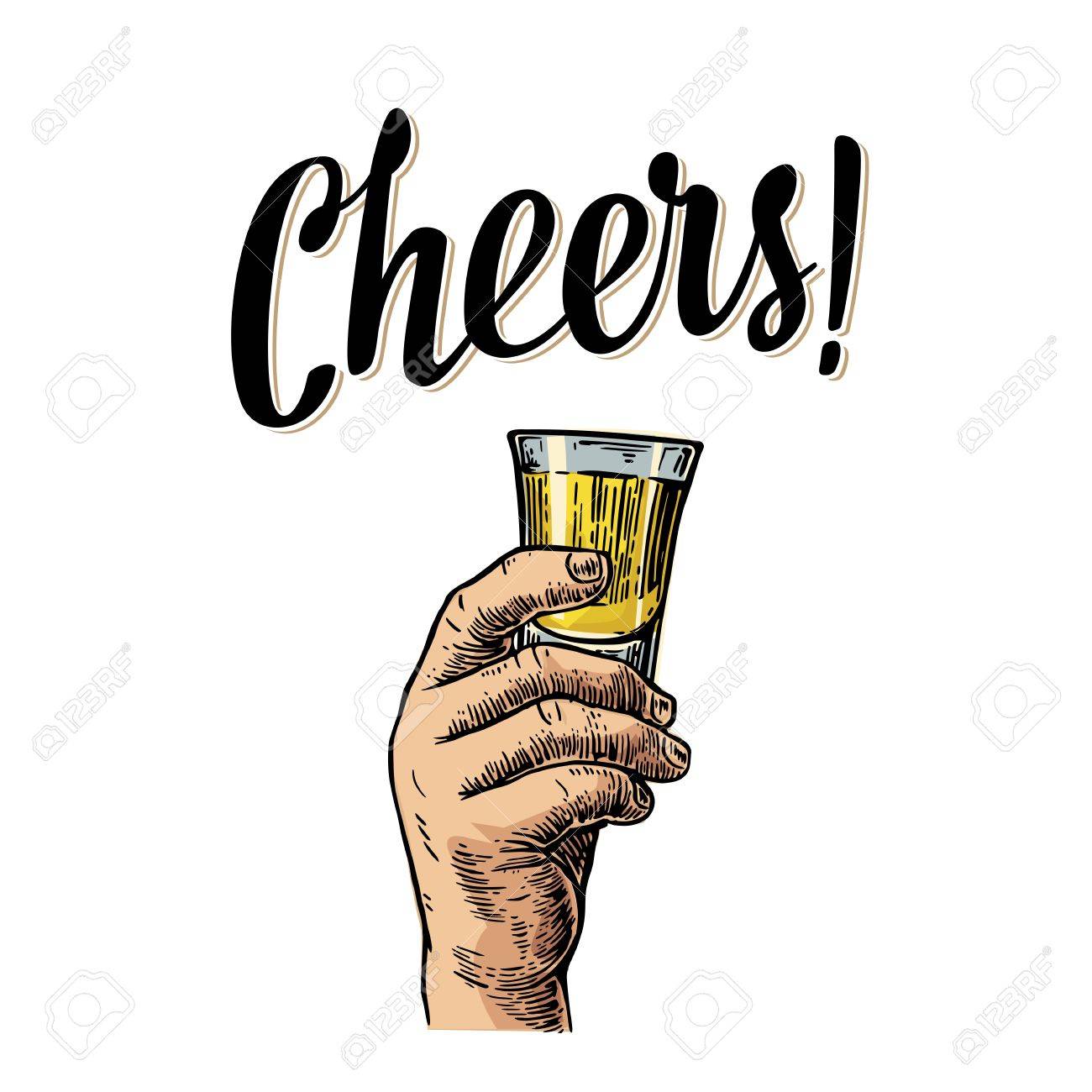 テキーラとガラスを持っている男性の手 乾杯は乾杯レタリングです ビンテージ ベクトル色ラベル ポスター パーティーへの招待状のイラスト を彫刻します 白い背景上に分離 のイラスト素材 ベクタ Image