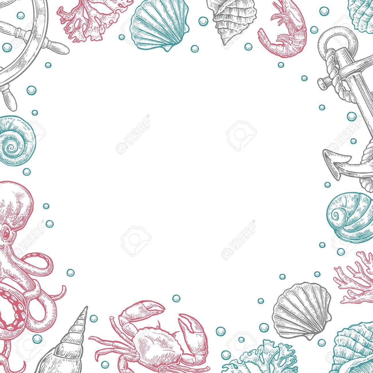 template for greeting card and poster sea shell coral crab sea shell template