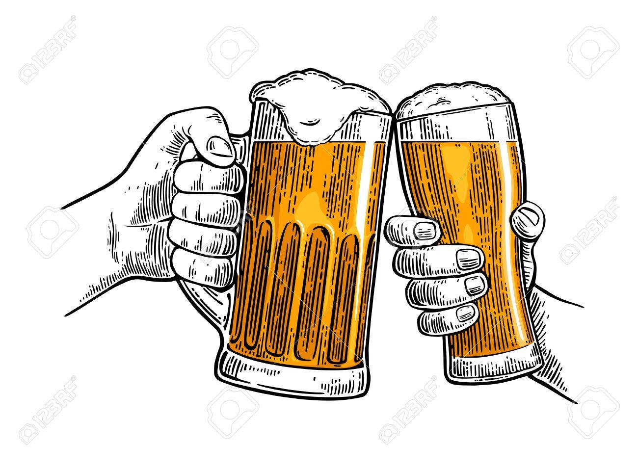 Two Hands Holding And Clinking With Two Beer Glasses Mug Royalty Free Cliparts Vectors And Stock Illustration Image 79734024