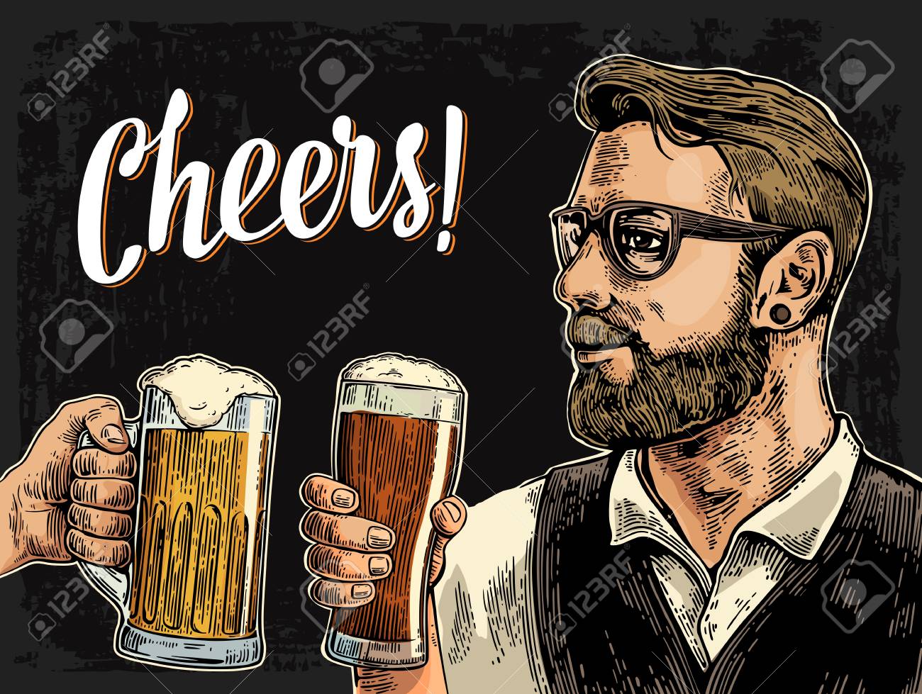 Hipster Halt Glas Bier Und Klirrt Cheers Toast Schriftzug Vintage Vektor Farbe Gravur Illustration Fur Web Poster Einladung Zu Party Isoliert Auf Dunklem Hintergrund Lizenzfrei Nutzbare Vektorgrafiken Clip Arts Illustrationen Image 88631494