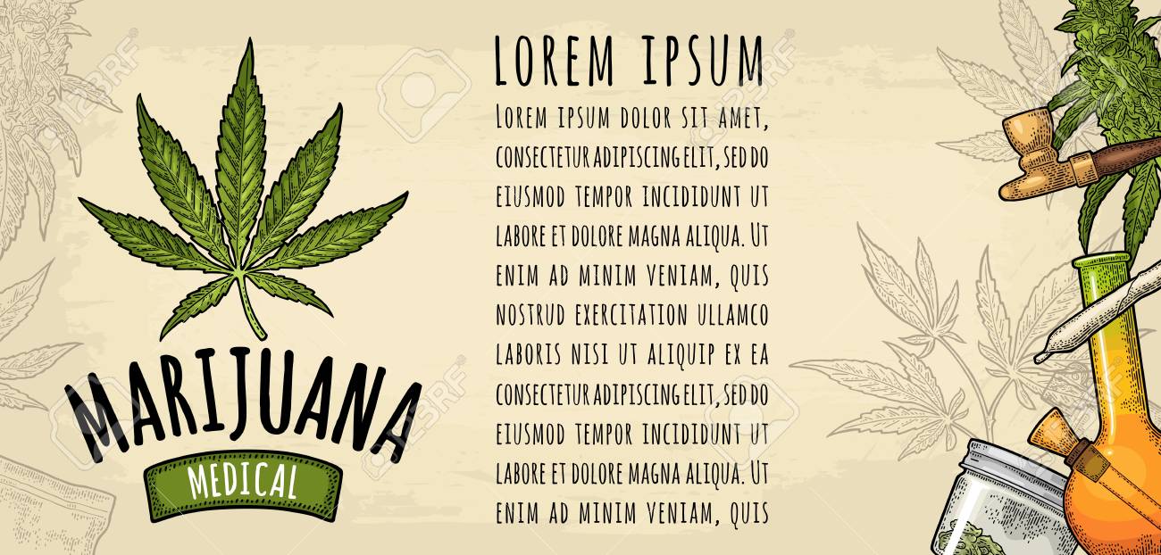 Horizontal poster cannabis. Cigarette, lighter, buds, leaves, bottle, jar, plastic bag, pipe. Vintage color vector engraving illustration isolated on beige. Handwriting lettering Marijuana medical - 106721348 Horizontal poster cannabis. Cigarette, lighter, buds, leaves, bottle, jar, plastic bag, pipe. Vintage color vector engraving illustration isolated on beige. Handwriting lettering Marijuana medical - 106721348