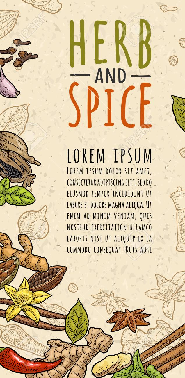 Plakat z pieprzem, cynamonem, miętą, goździkami, kakao, makiem, chilli, wanilią, liściem laurowym, anyżem, czosnkiem, kardamonem, imbirem. napis herb i spice. grawerowanie rocznika kolor wektor na beżowym nakrapiane tekstury - 117873918 Plakat z pieprzem, cynamonem, miętą, goździkami, kakao, makiem, chilli, wanilią, liściem laurowym, anyżem, czosnkiem, kardamonem, imbirem. napis herb i spice. grawerowanie rocznika kolor wektor na beżowym nakrapiane tekstury - 117873918