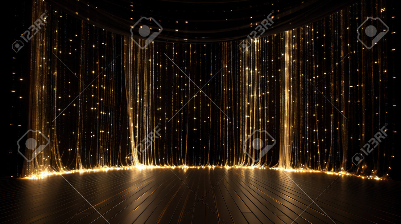 Golden Stage Curtains And Glowing Lights On A Black Background. 3d  Rendering Stock Photo, Picture and Royalty Free Image. Image 204637987., image size:1300x729