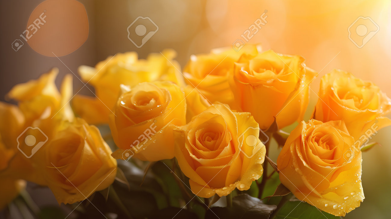 Beautiful Yellow Rose With Water Drops On Bokeh Background. Stock Photo,  Picture and Royalty Free Image. Image 207146239., image size:1300x729