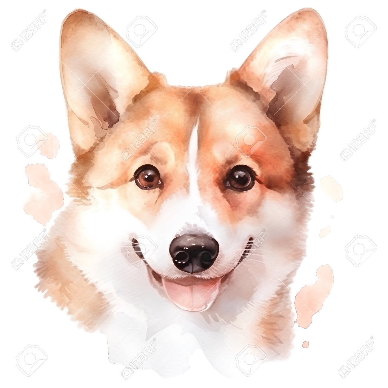 コーギー犬のポートレート。白い背景に水彩手描きのイラストの写真素材