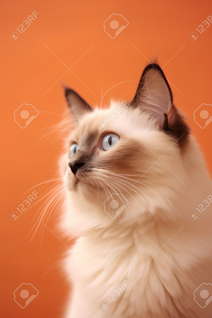 Portrait Of A Ragdoll Cat With Blue Eyes On Orange Background Stock Photo,  Picture and Royalty Free Image. Image 212500373., image size:867x1300