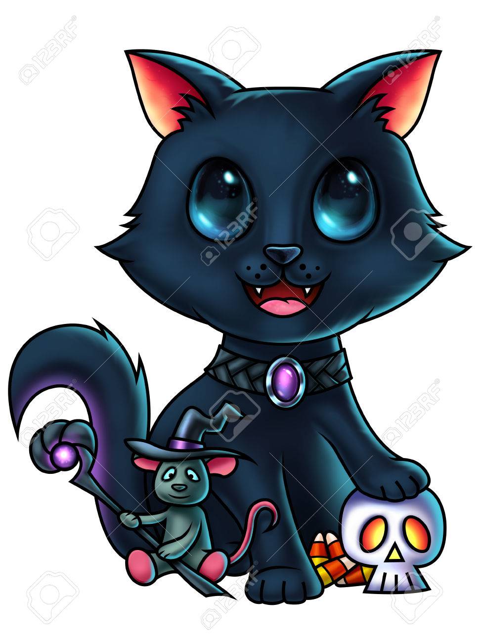 Un Personnage De Dessin Animé De Chat Mignon Avec Sa Patte Sur Un Crâne Et Une Petite Souris De Lassistant Halloween Illustration Peinture