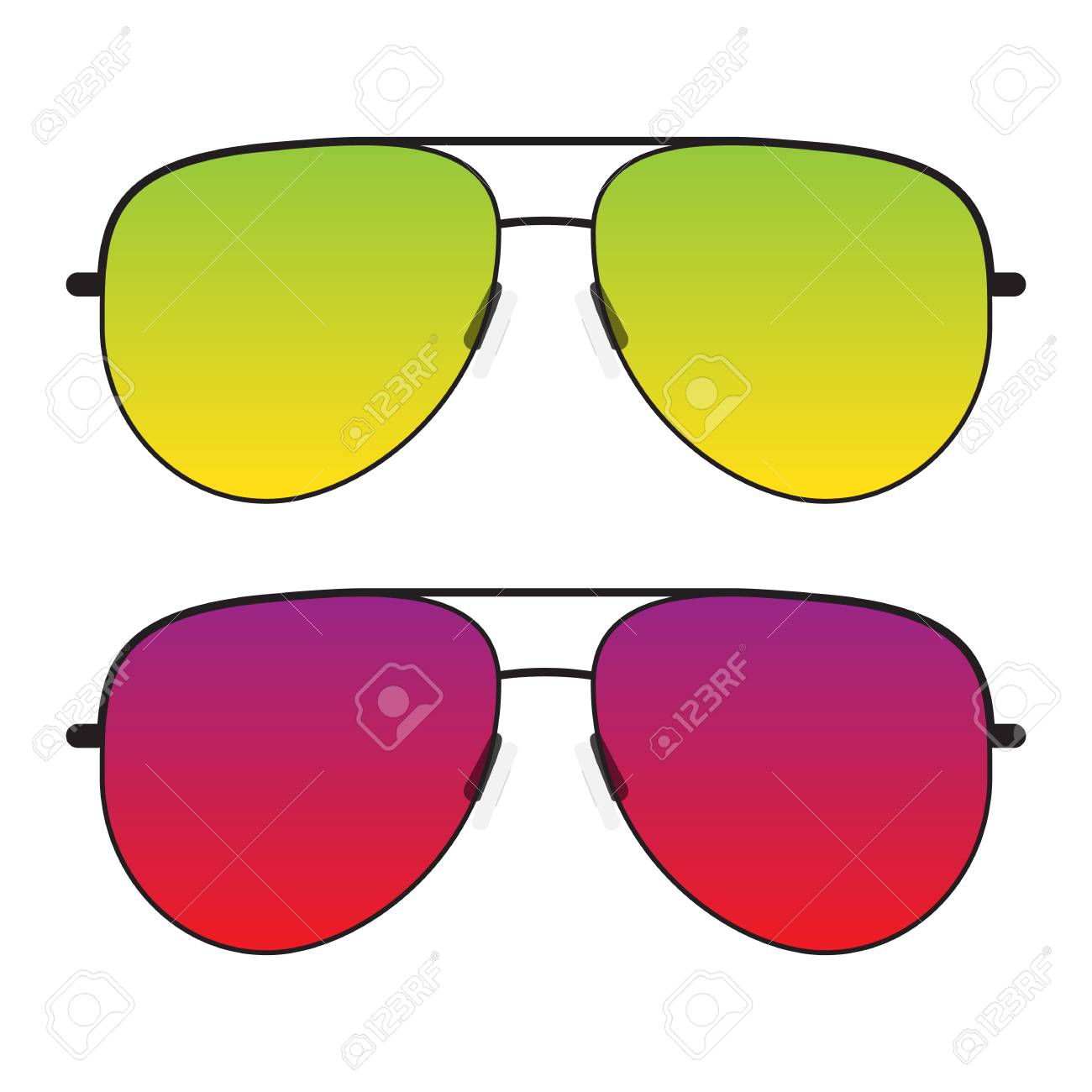 カラフルな緑や黄色や赤や紫のメガネと黒のサングラス 白い背景の透明な詳細に分離のサイドビュー のイラスト素材 ベクタ Image