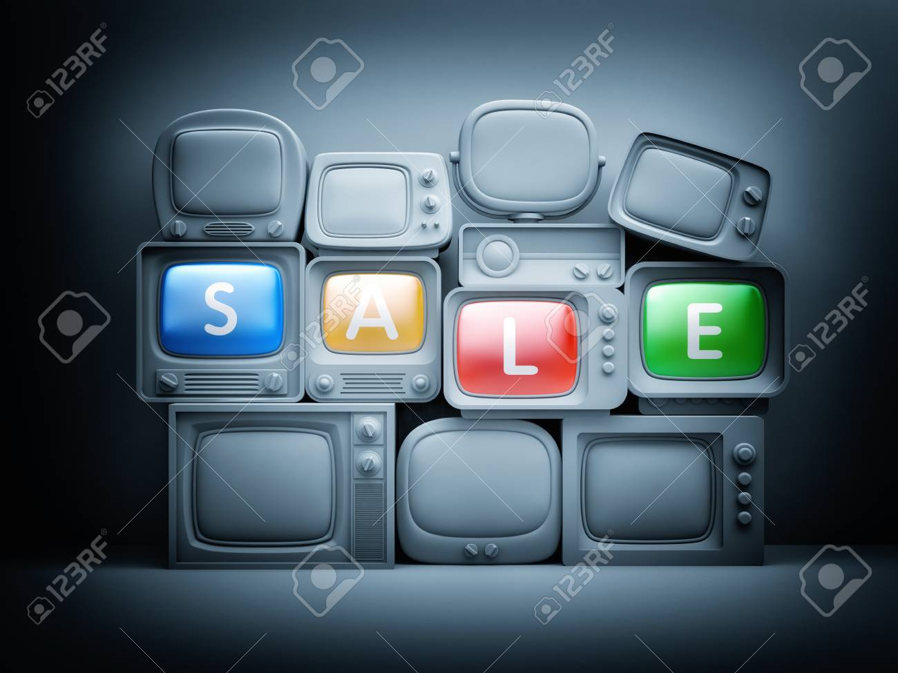 pile of retro tv with word sale on their screen 3d illustration retro tv for sale