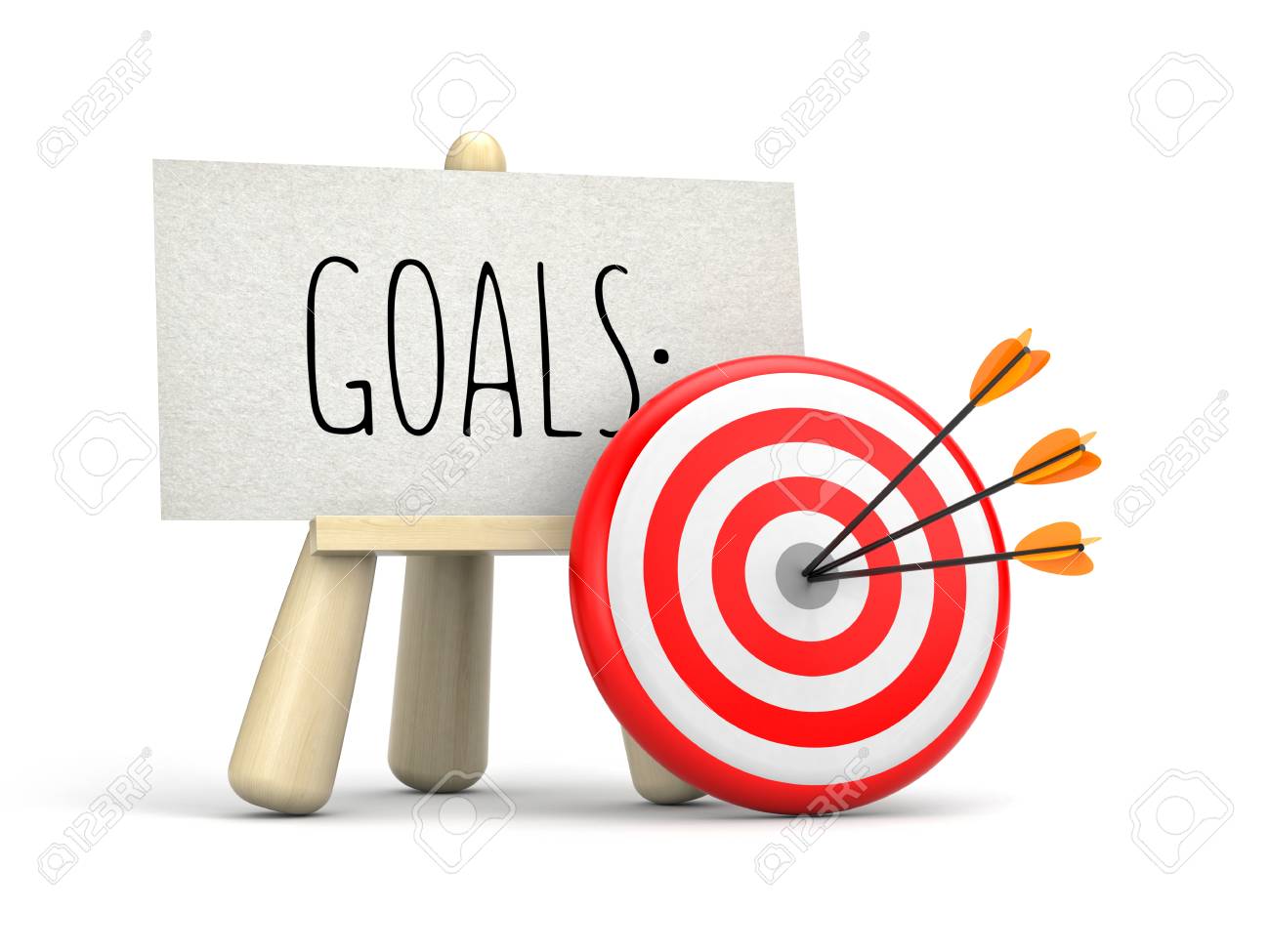 Chevalet En Bois Avec Des Mots Buts Et Cible Avec Fleche Illustration 3d Banque D Images Et Photos Libres De Droits Image 75734515