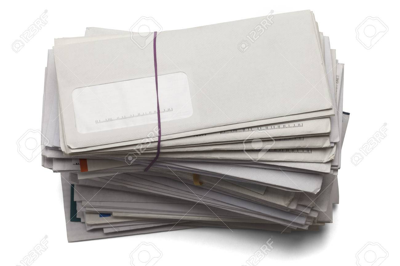 Mail stacked high of unpaid bills isolated on a white background. - 38384657 Mail stacked high of unpaid bills isolated on a white background. - 38384657