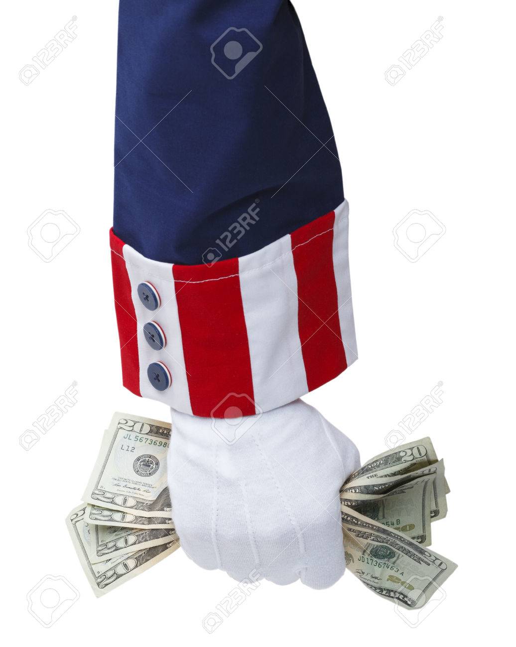 Red White and Blue Uncle Sam Suit with Hand Grabbing Cash. - 38386493 Red White and Blue Uncle Sam Suit with Hand Grabbing Cash. - 38386493