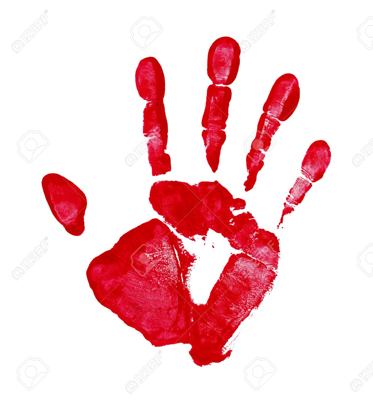 red paint hand print isolated on a white background stock photo
